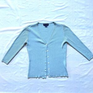 Ann Taylor 100% Silk blue Ribbed 3/4 sleeve cropped V-neck Cardigan Women's S